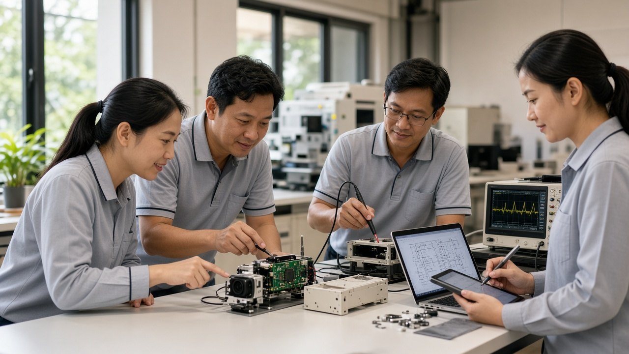 Engineers collaborating on a wireless device prototype