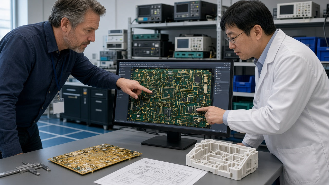 Buyer and factory engineers reviewing a PCB layout together