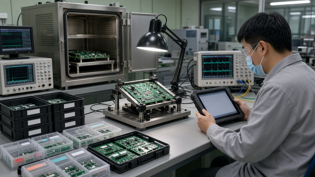 NPI validation lab with test fixture, chamber, and measurement gear