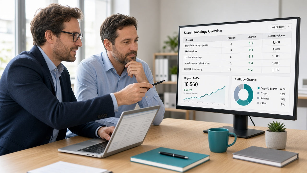 Consultant reviewing website search analytics with a client.