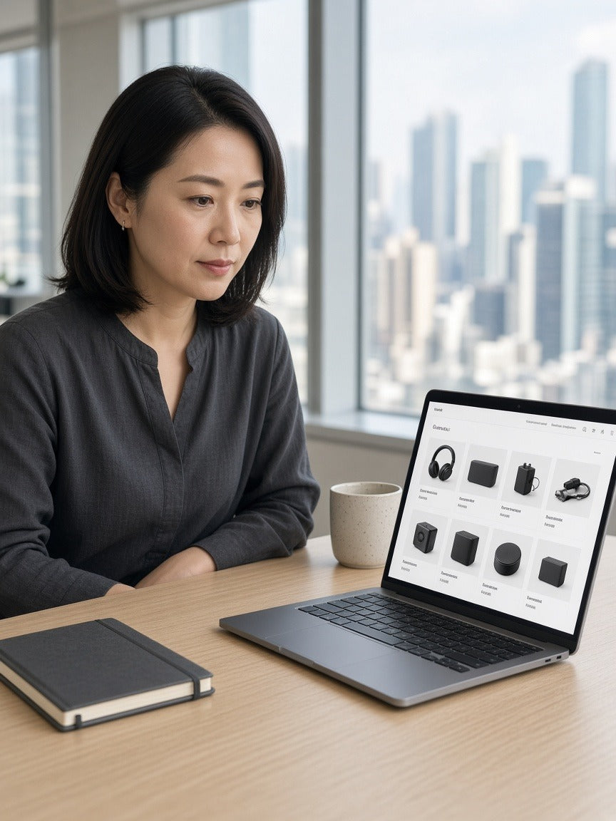Engineer reviewing an online store catalog and analytics on a laptop.