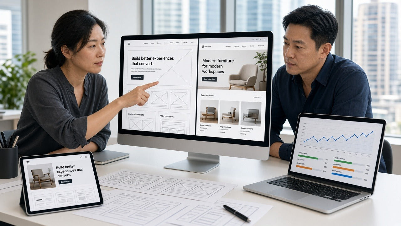 Designers comparing a website wireframe, live preview, and performance charts.